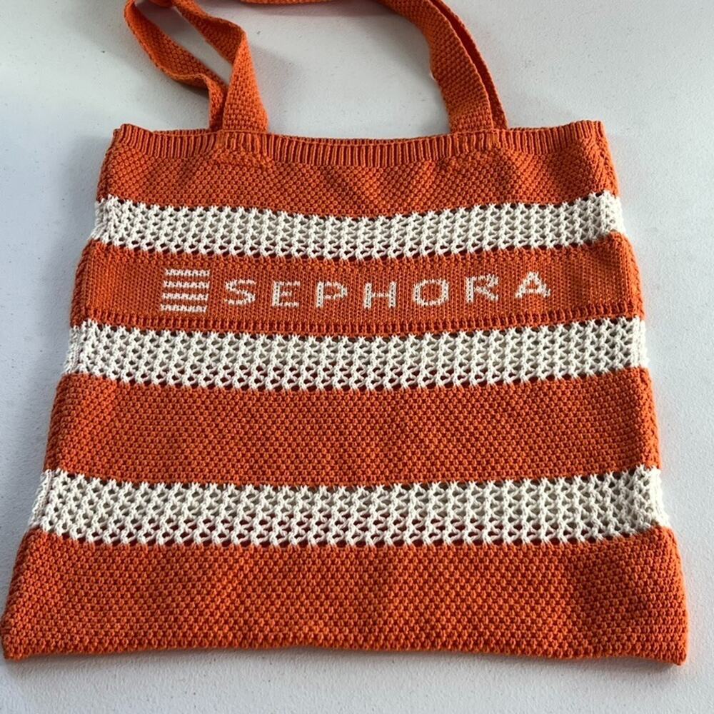 Sephora Knitted Tote Bag Large Orange and White 14 x 16" Color Block